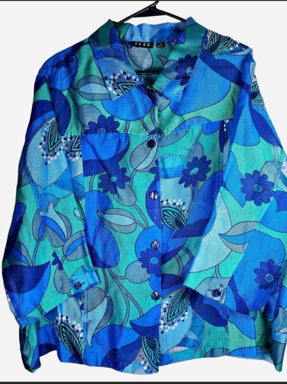 Vintage Floral Peacock Button-Down Shirt Blue & Green Flowers Boho Size 2X